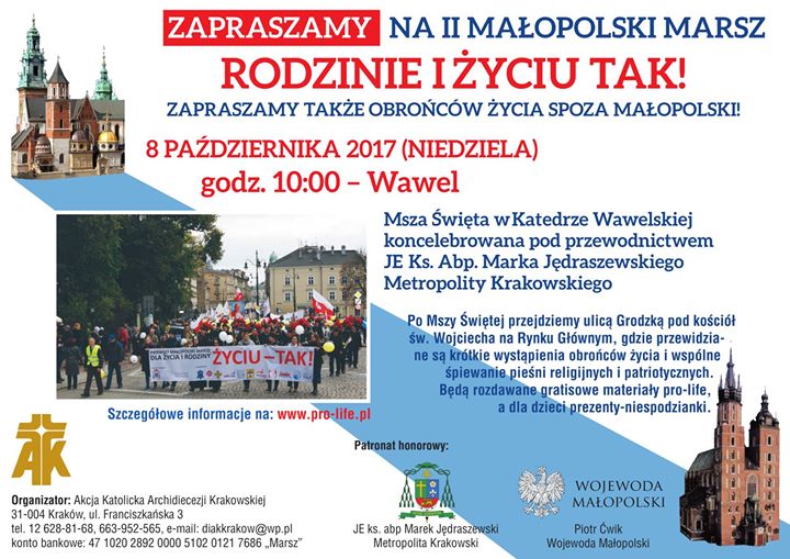 8 października 2017 r. odbędzie się II Małopolski Marsz Rodzinie i Życiu TAK!